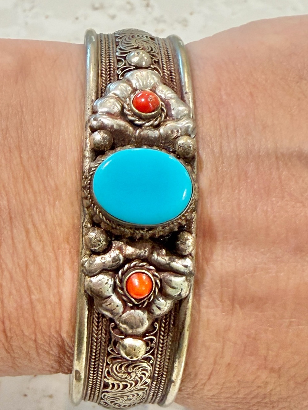 Vintage Tibetan / Nepalese Filigree Cuff Bracelet – Turquoise & Coral